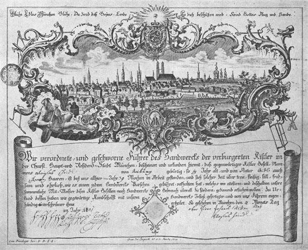 Gesellenbrief der Münchner Kistler um 1752