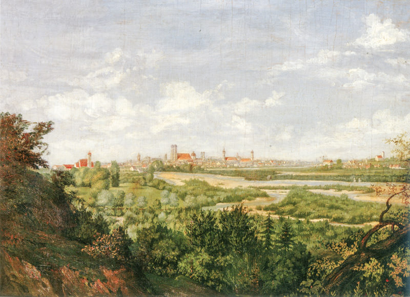 Die Isar bei Thalkirchen mit einer Gesamtansicht Münchens