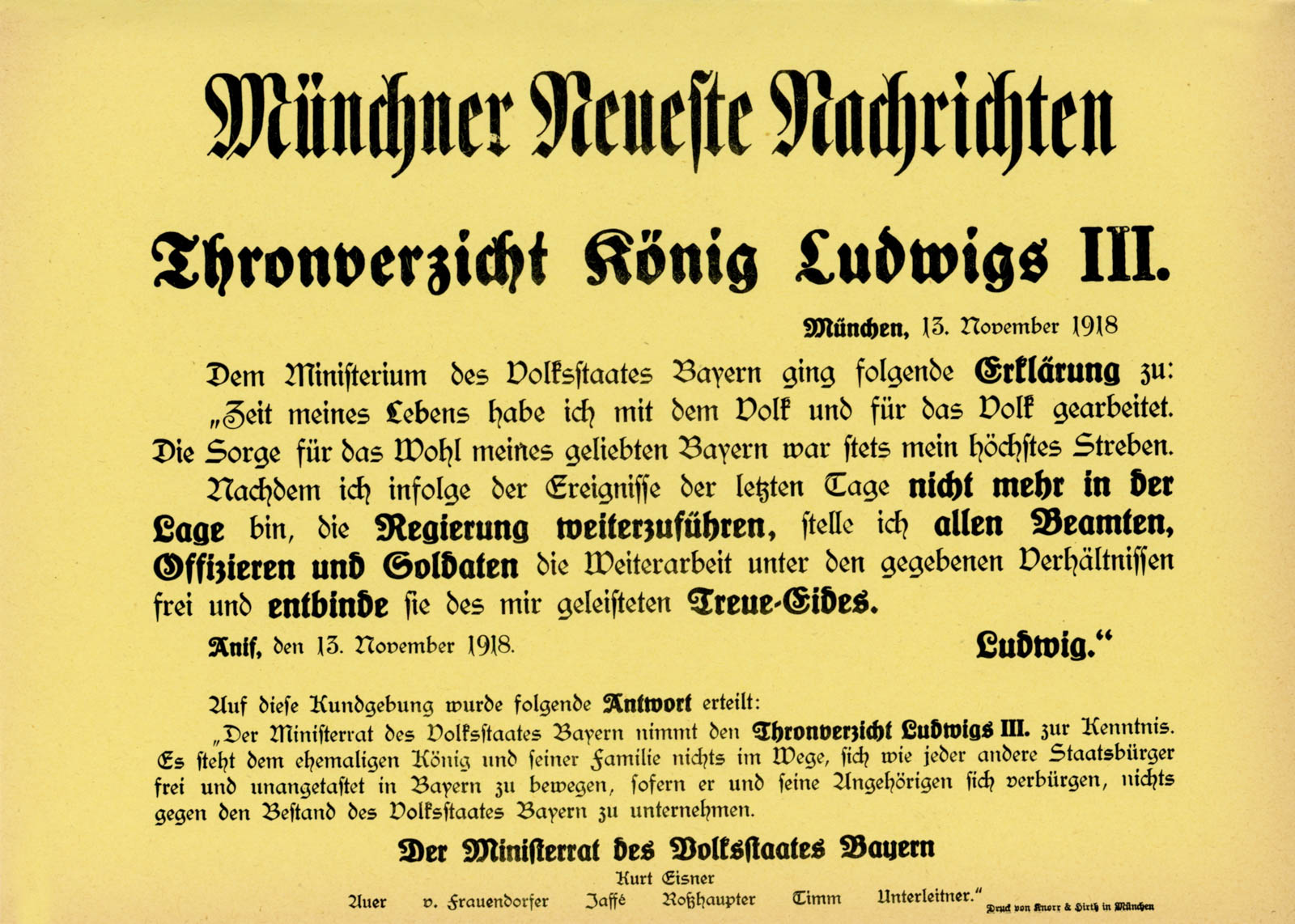 Plakat - Thronverzicht König Ludwigs III.