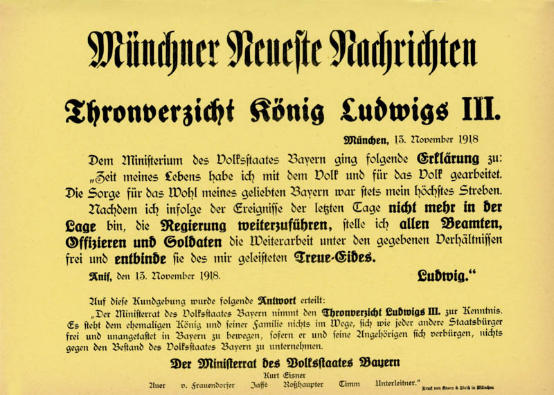 Plakat - Thronverzicht König Ludwigs III.