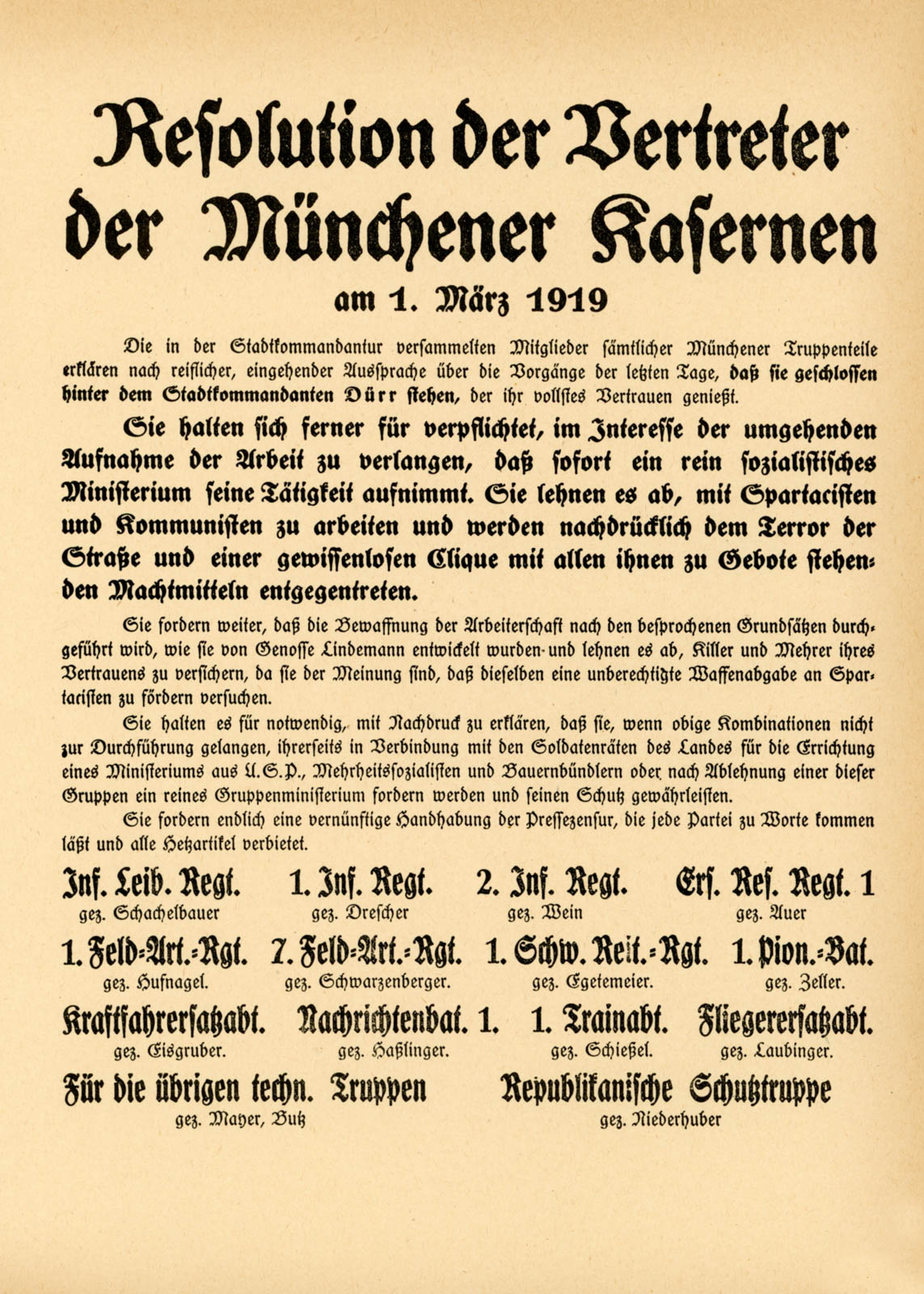 Resolution der Vertreter der Münchner Kasernen