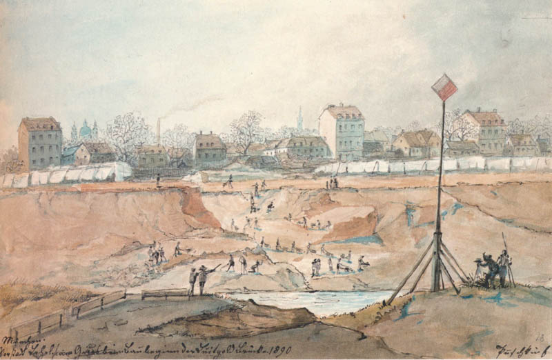 Grundarbeiten am Gries zum Bau der Prinzregentenbrücke