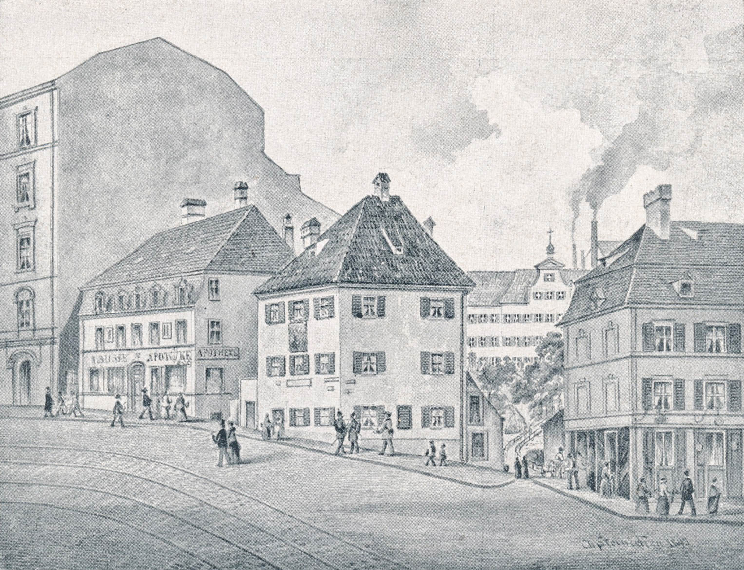 Die  „Schwanenapotheke“ an der Ludwigsbrücke 1893