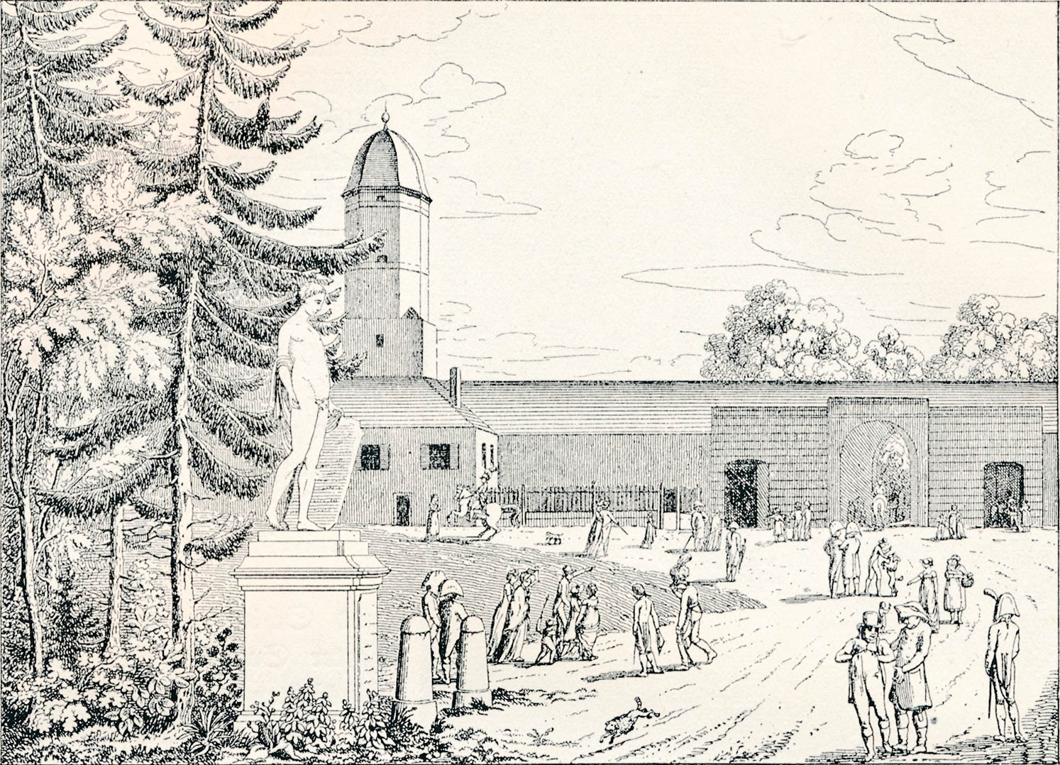 Das Brunnhaus hinter dem Hofgarten und der „Harmlos“