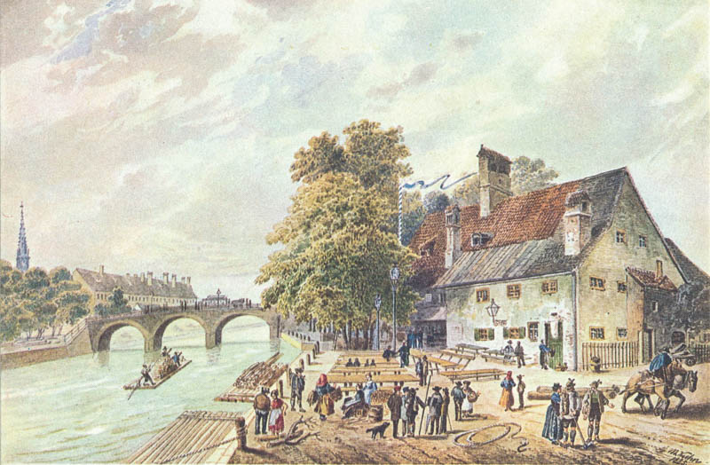 Floßlände an der Isar mit Gasthaus „Grüner Baum“