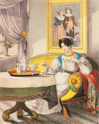 kolorierte Lithographie – Blick in ein Münchner Heim der Biedermeierzeit zur Kaffeestunde