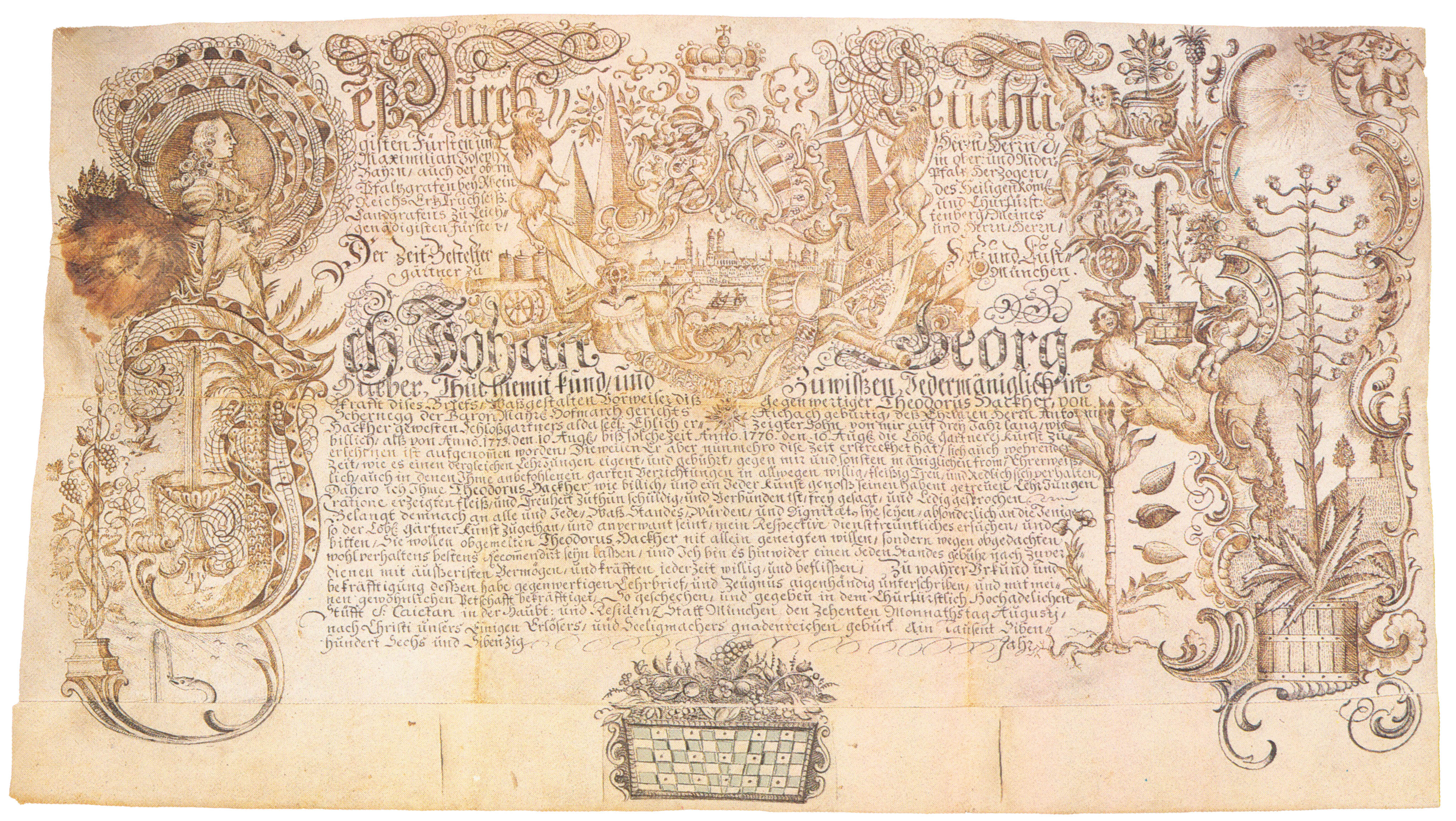 Lehr- oder Lernbrief des kurfürstlichen Hof- und Lustgärtners Johann Georg Huebe