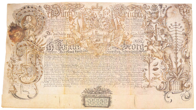 Lehr- oder Lernbrief des kurfürstlichen Hof- und Lustgärtners Johann Georg Huebe