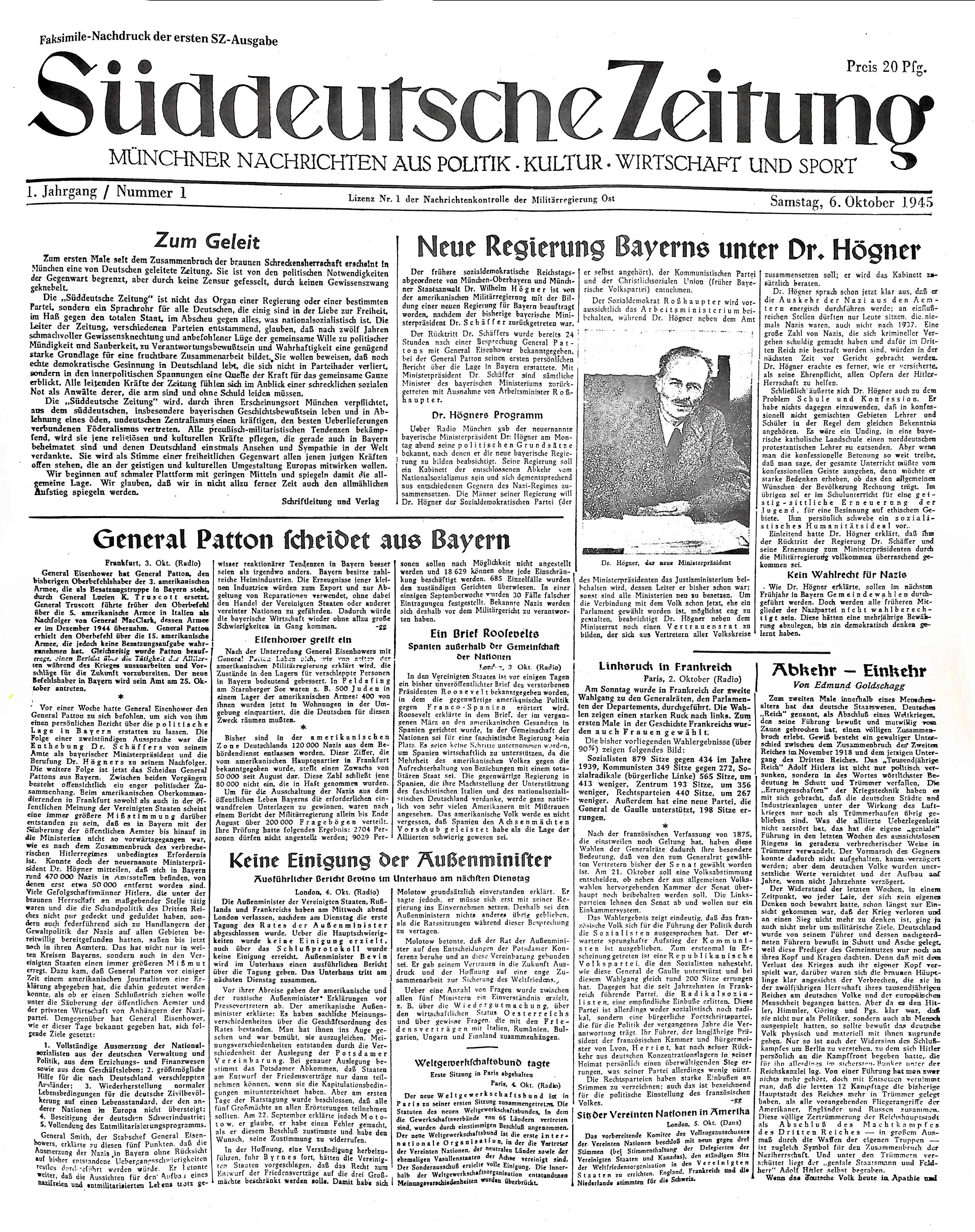 Erstausgabe Süddeutsche Zeitung 1945